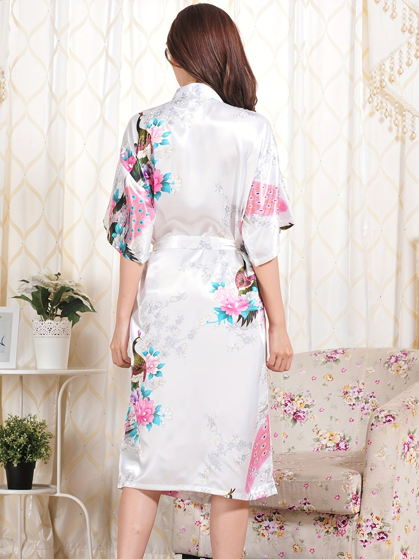 Floral Print Satin Night Robe Short Sleeve Robe