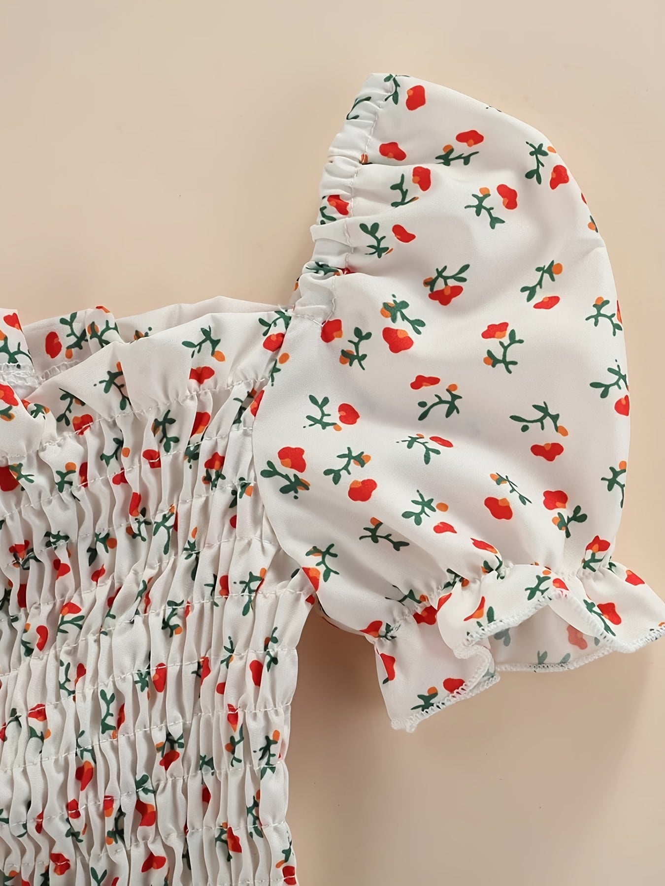 Floral Puffed Sleeve Denim Kids Outfit Set