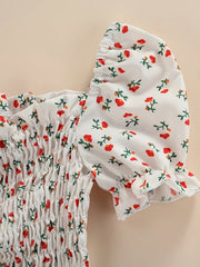 Floral Puffed Sleeve Denim Kids Outfit Set