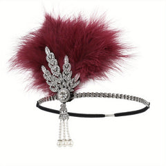 Rhinestone Flapper Headband with Feather & Pearl Tassel