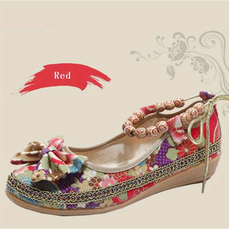 Tribal Style Beading Flat Shoes Retro Floral Print Bowknot Walking Shoes