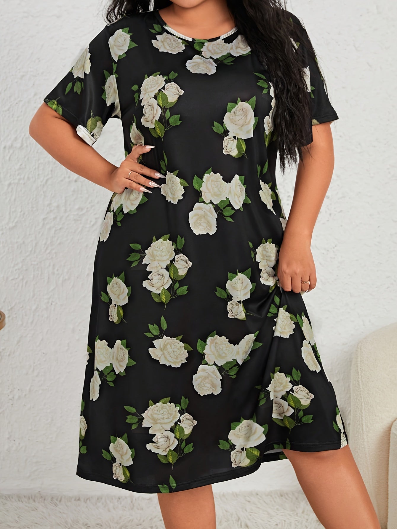 Nightdress Women's Plus Floral Print Short Sleeve Tee Sleep Dress