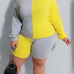 Colorblock Long Sleeve Tee & Skinny Shorts Set Plus Size