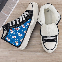 Christmas Snowman Print Plush Lined Thermal Chunky Canvas Sneakers