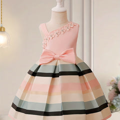 Toddler Girls One Shoulder Flowers Bow Stripe Princess Dress Gown