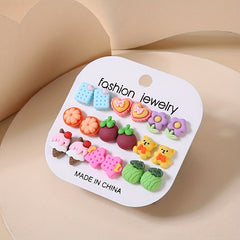 9 Pairs Small Fruit Animal Star Heart Flower Hypoallergenic Stud Earrings Set