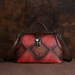 Vintage Floral Leather Handbag w/ Buckle Closure & Clutch