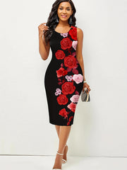 Floral Print Bodycon Dress Crew Neck Sleeveless Tank Dress