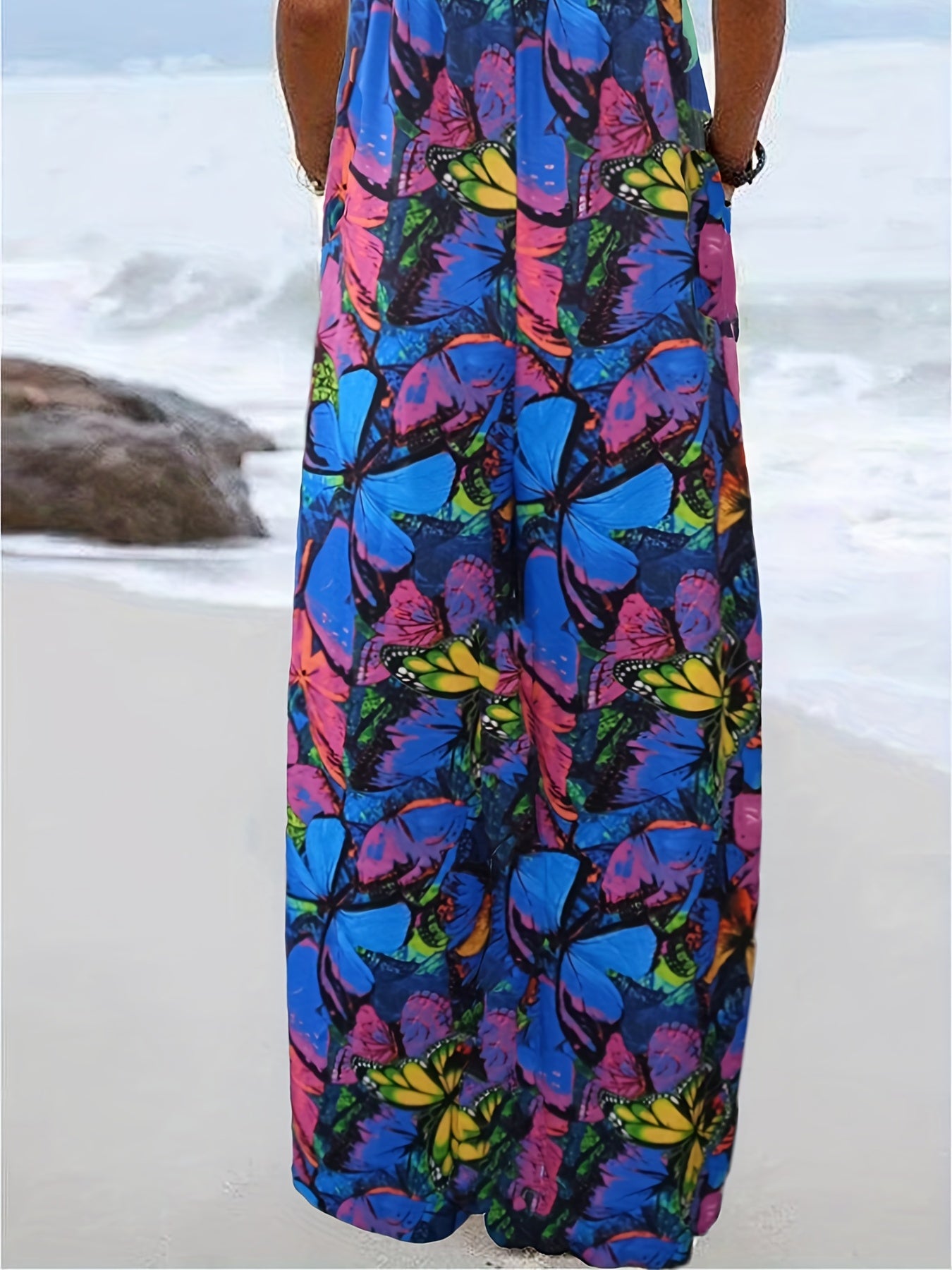 Butterfly Print Wide Leg Jumpsuit Casual Backless Jumpsuit