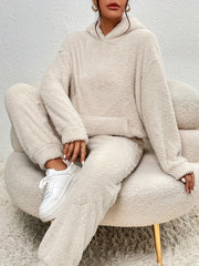 Solid Teddy Two piece Set Long Sleeve Hooded Tops & Warm Pants Outfits