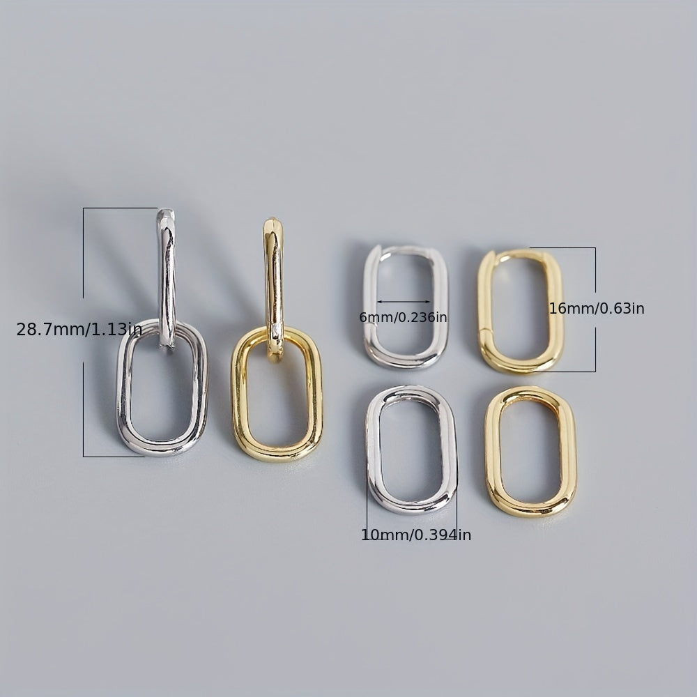 Golden Silvery Square Link Chain Dangle Earrings