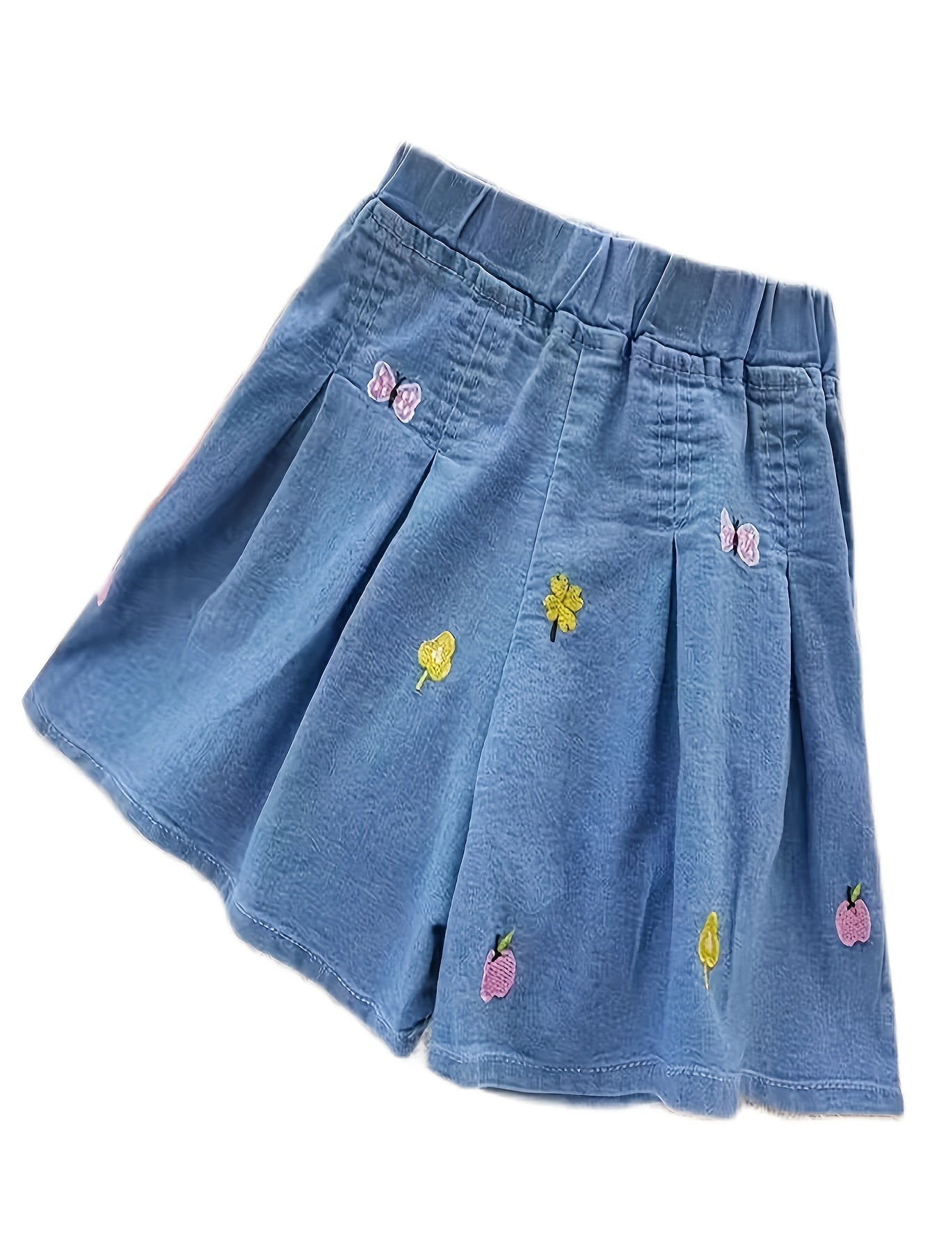 Girls Fruits Embroidered Print Denim Shorts Elastic Waist Loose Fit Shorts