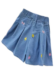 Girls Fruits Embroidered Print Denim Shorts Elastic Waist Loose Fit Shorts