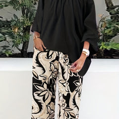 Women's 2 Piece Set Solid One Shoulder Top & Leaf Print Pants Outfits