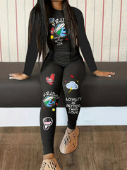 Graffiti Print Casual Two-piece Set Long Sleeve Tops & High Waist Pants