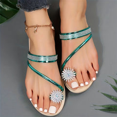 Women's Rhinestone Flat Flip Flops Open Toe Non Slip Slides Shoes