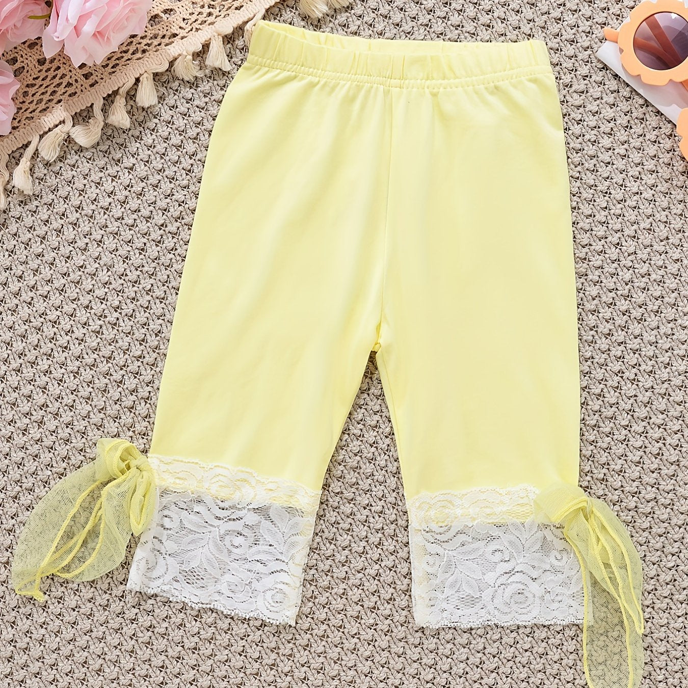 Girls Mesh Tie Bow Lace Cropped Leggings