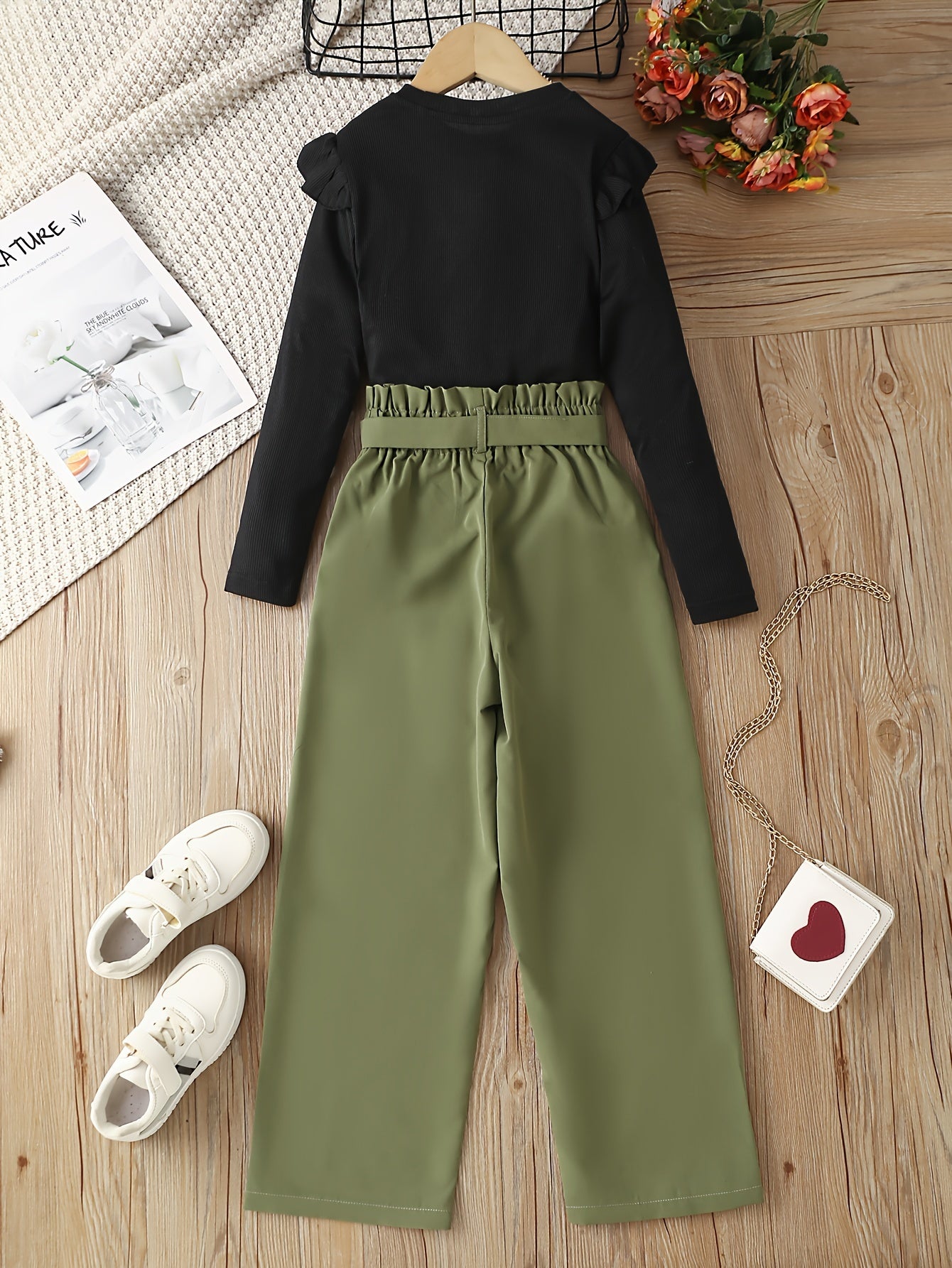 Girl's Ribbed Top & Wide Leg Pants Set for Spring Fall