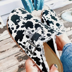 Cow Print Flat Mules Closed Toe Canvas Slippers