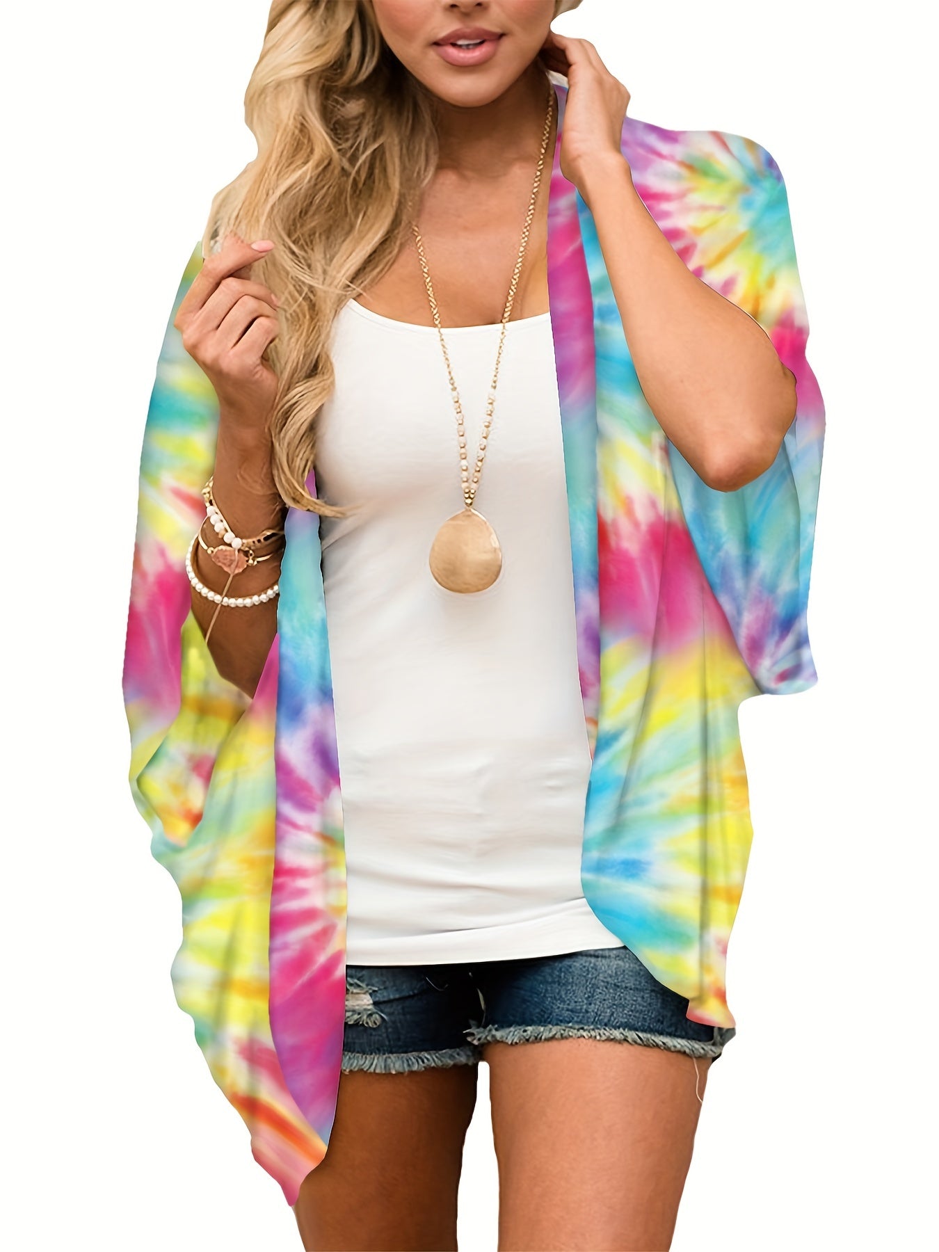Tie Dye Cover Up Shirt V Neck Loose Fit Long Sleeves Beachwear Cardigans