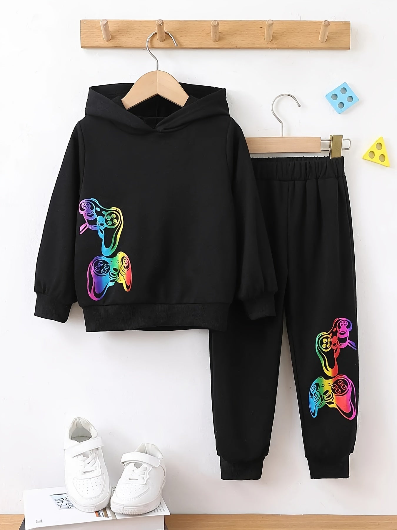 Colorful Gamepad Pattern Boy's 2pcs Hoodie & Sweatpants Set