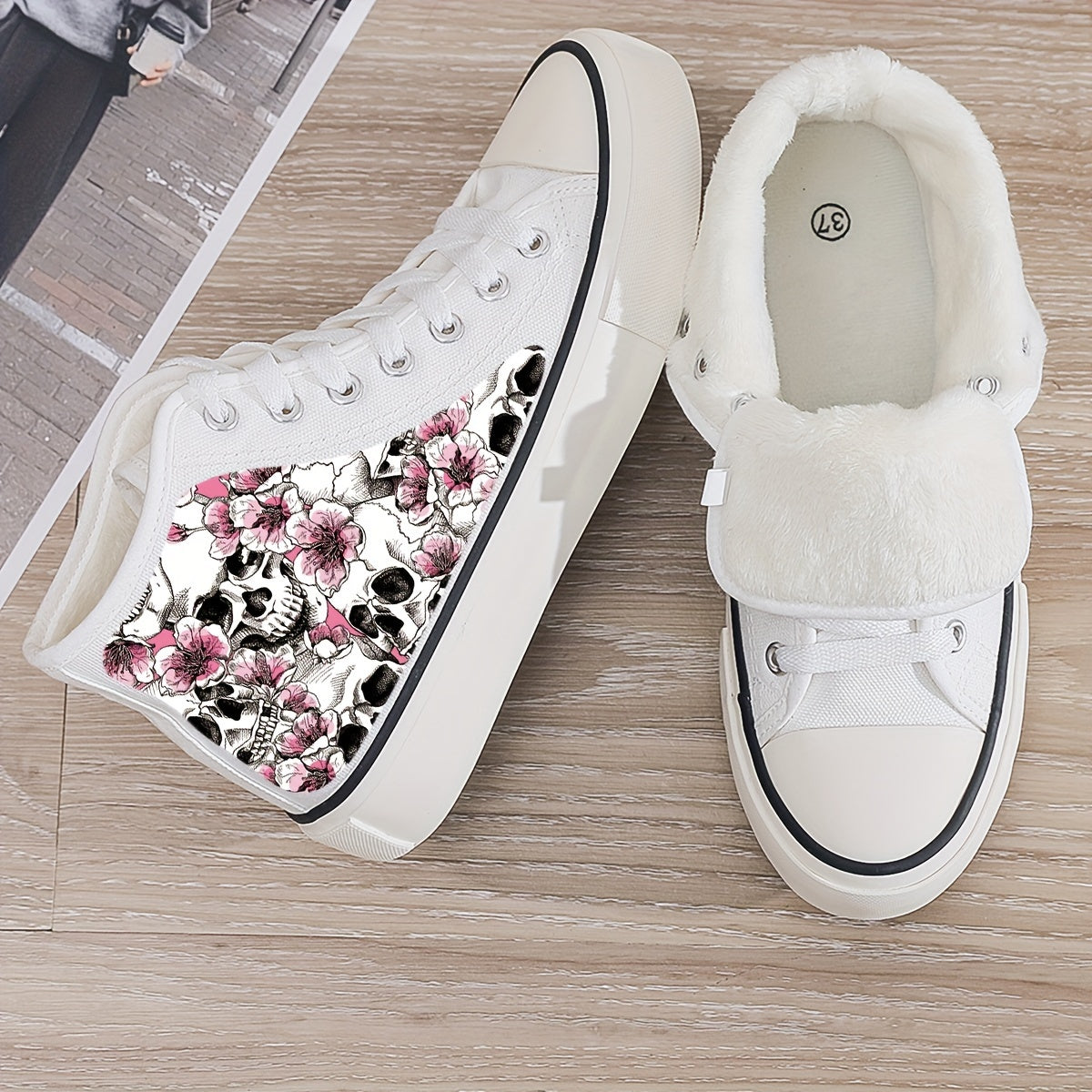 Skull & Flower Plush Lined Thermal Canvas Sneakers