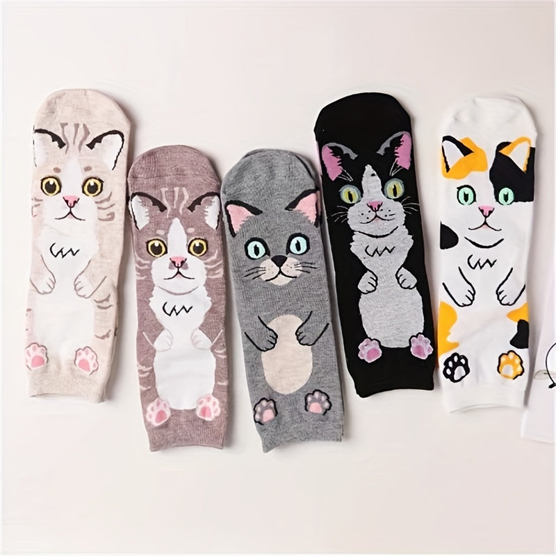 5 Pairs Cartoon Cat Print Socks Women's Stockings & Hosiery