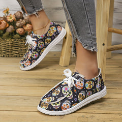 Colorful Skull Print Canvas Shoes Lace Up Lightweight Low Top Halloween Shoes