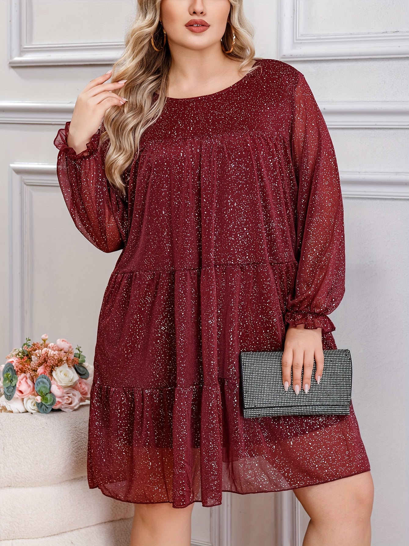 Women's Plus Glitter Flounce Sleeve Mesh Mini Dress