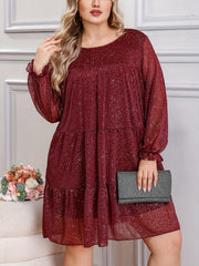 Women's Plus Glitter Flounce Sleeve Mesh Mini Dress