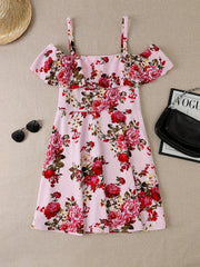 Women's Plus Floral Print Cold Shoulder Ruffle Trim Mini Dress
