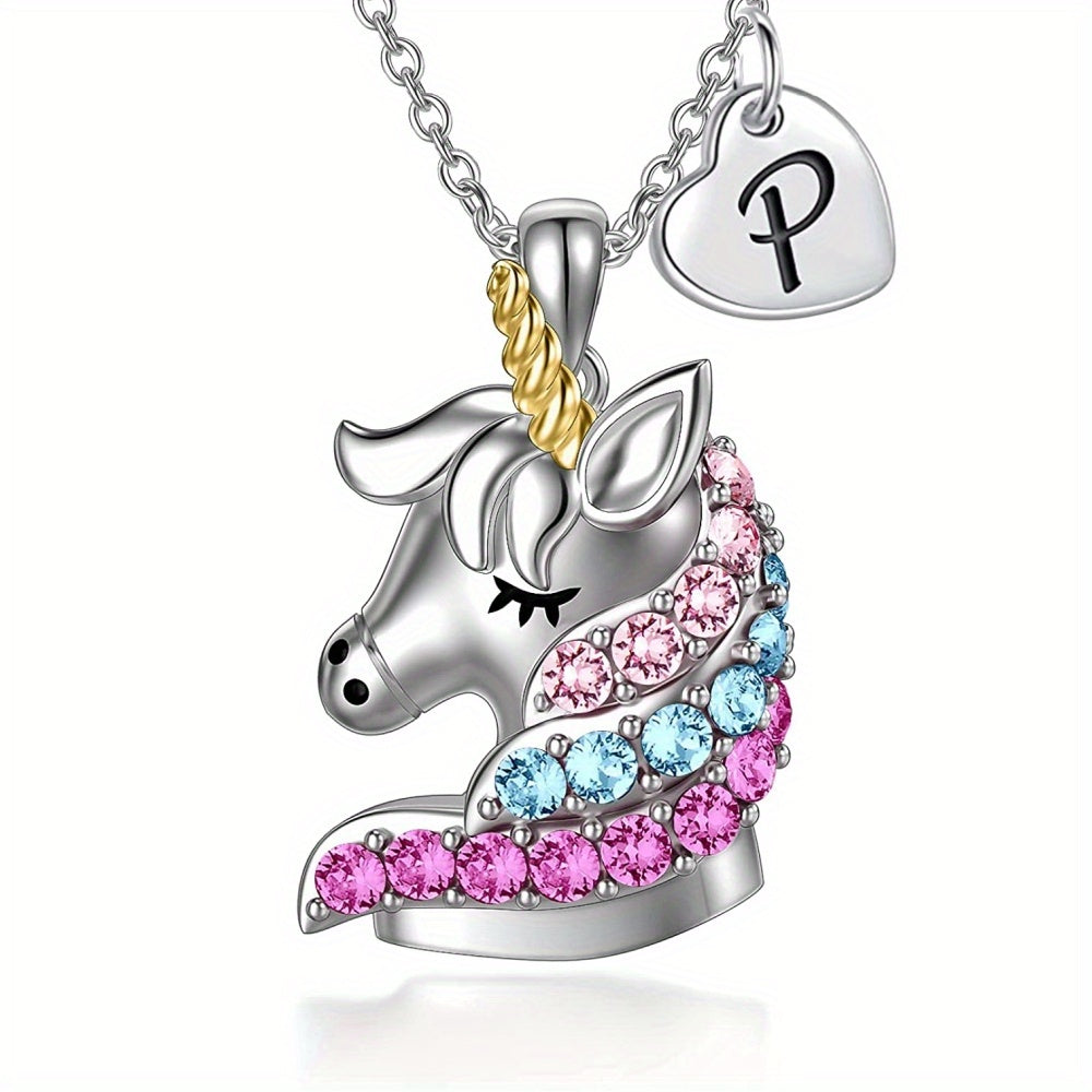 Cartoon Unicorn Letter Pendant Necklace for Girls