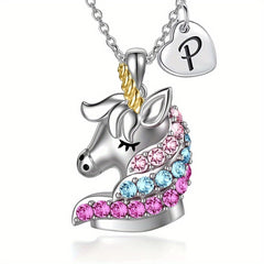 Cartoon Unicorn Letter Pendant Necklace for Girls