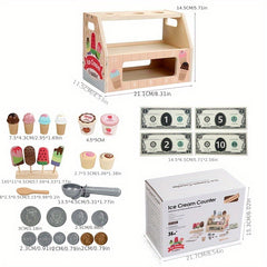 Wooden Ice Cream Toy Playset for Kids, Ice Cream Shop Game Store Gift