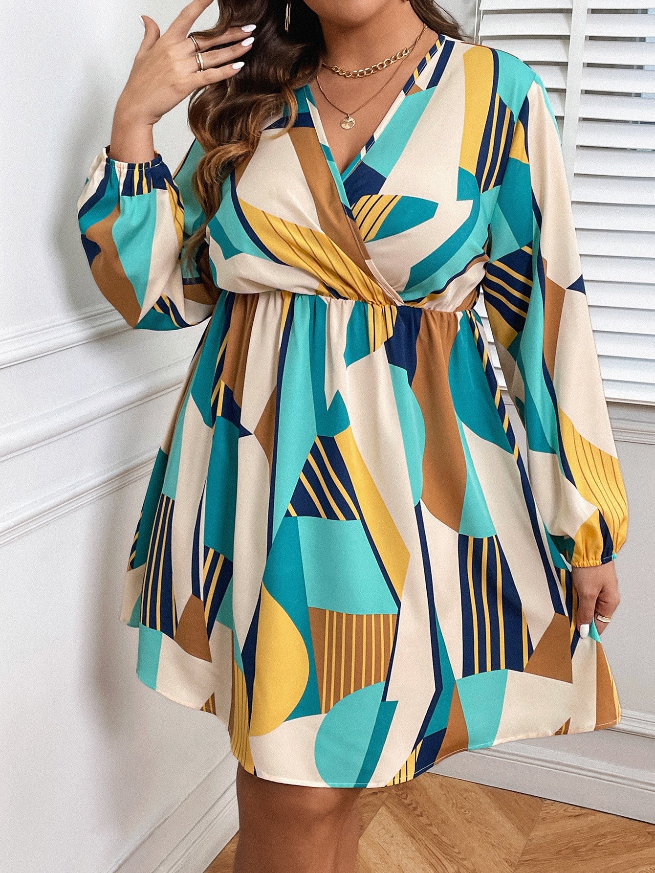 Colorblock Geometric Print Surplice Neck Mini Dress