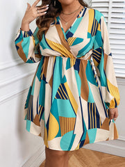 Colorblock Geometric Print Surplice Neck Mini Dress