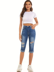 Women's Ripped Holes Capris Jeans Slim Fit Mid Stretch Denim Pants