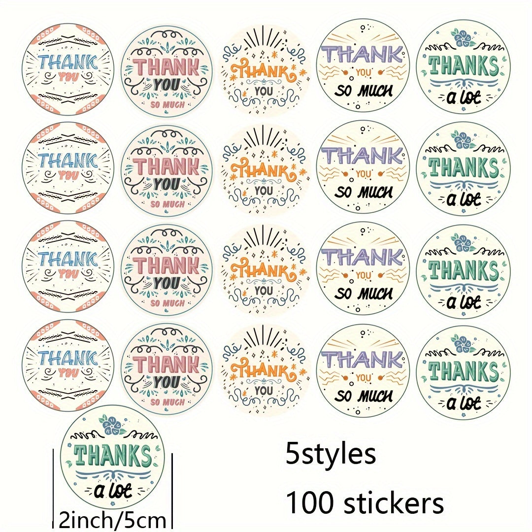 100pcs Thank You Stickers - 5 Cute Designs for DIY Decoration