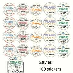100pcs Thank You Stickers - 5 Cute Designs for DIY Decoration