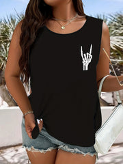 Skull Print Plus Size Tank Top Round Neck Stretchy Top
