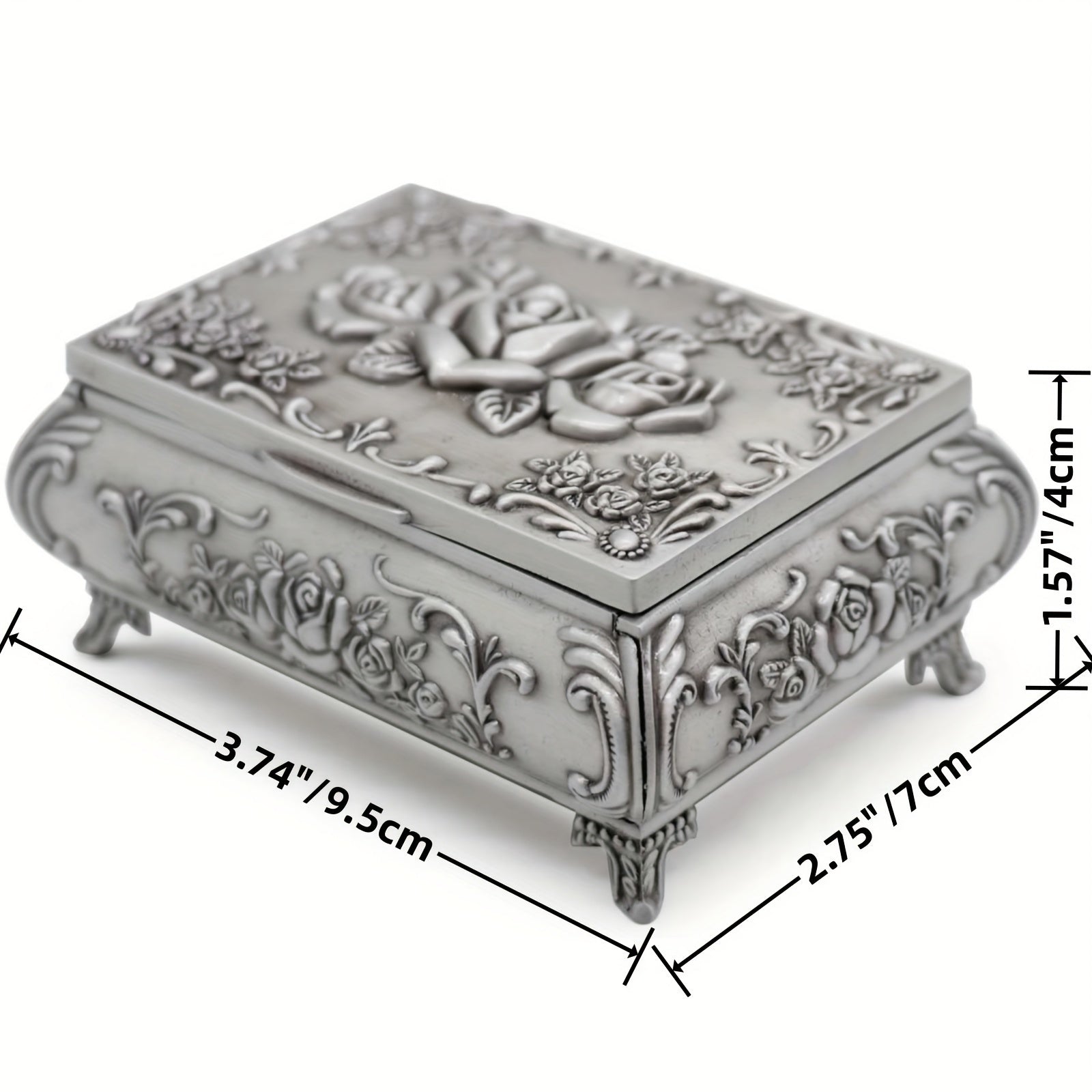 Vintage Embossed Rose Jewelry Box Antique Rectangle Rose Flower Engraving Box
