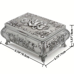 Vintage Embossed Rose Jewelry Box Antique Rectangle Rose Flower Engraving Box
