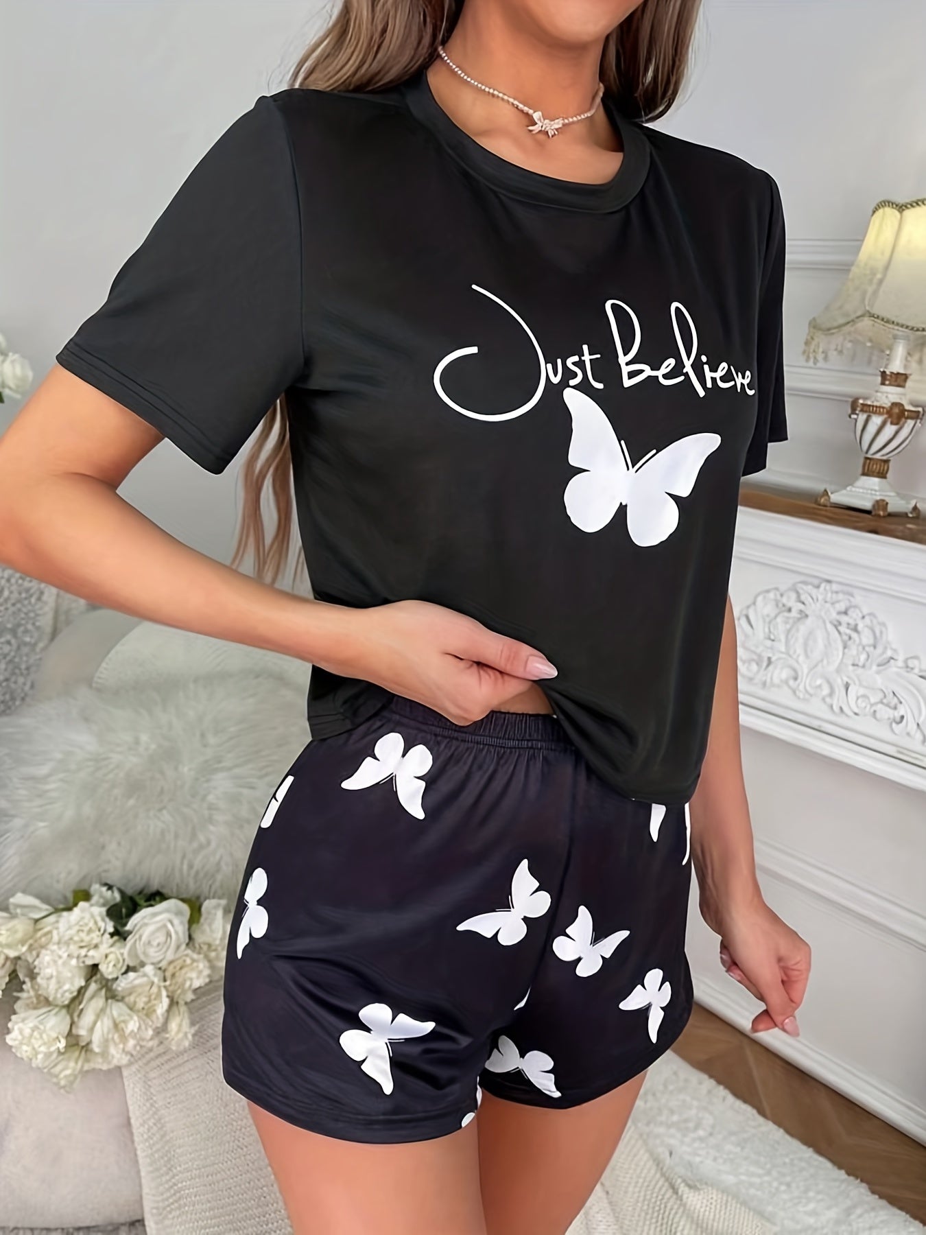 Butterfly Print Pajamas Set Short Sleeve & Shorts Women's Sleepwear