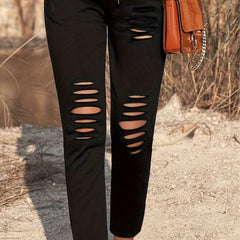 Solid Ripped Drawstring Casual Pants