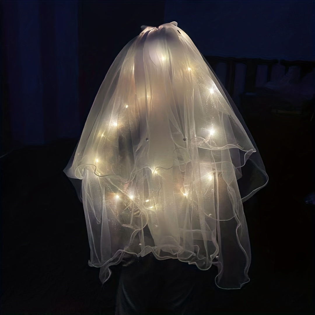 LED Luminous Head Veil Fairy Ribbon Bow Veil With Light String