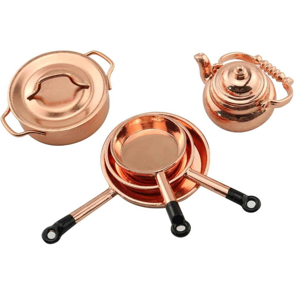 3pcs Dollhouse Cookware Set Metal Frying Pan with Lid & Copper Tart Pans