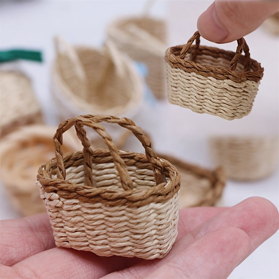 Set of Handcrafted Raffia Woven Baskets for Dollhouse Decor