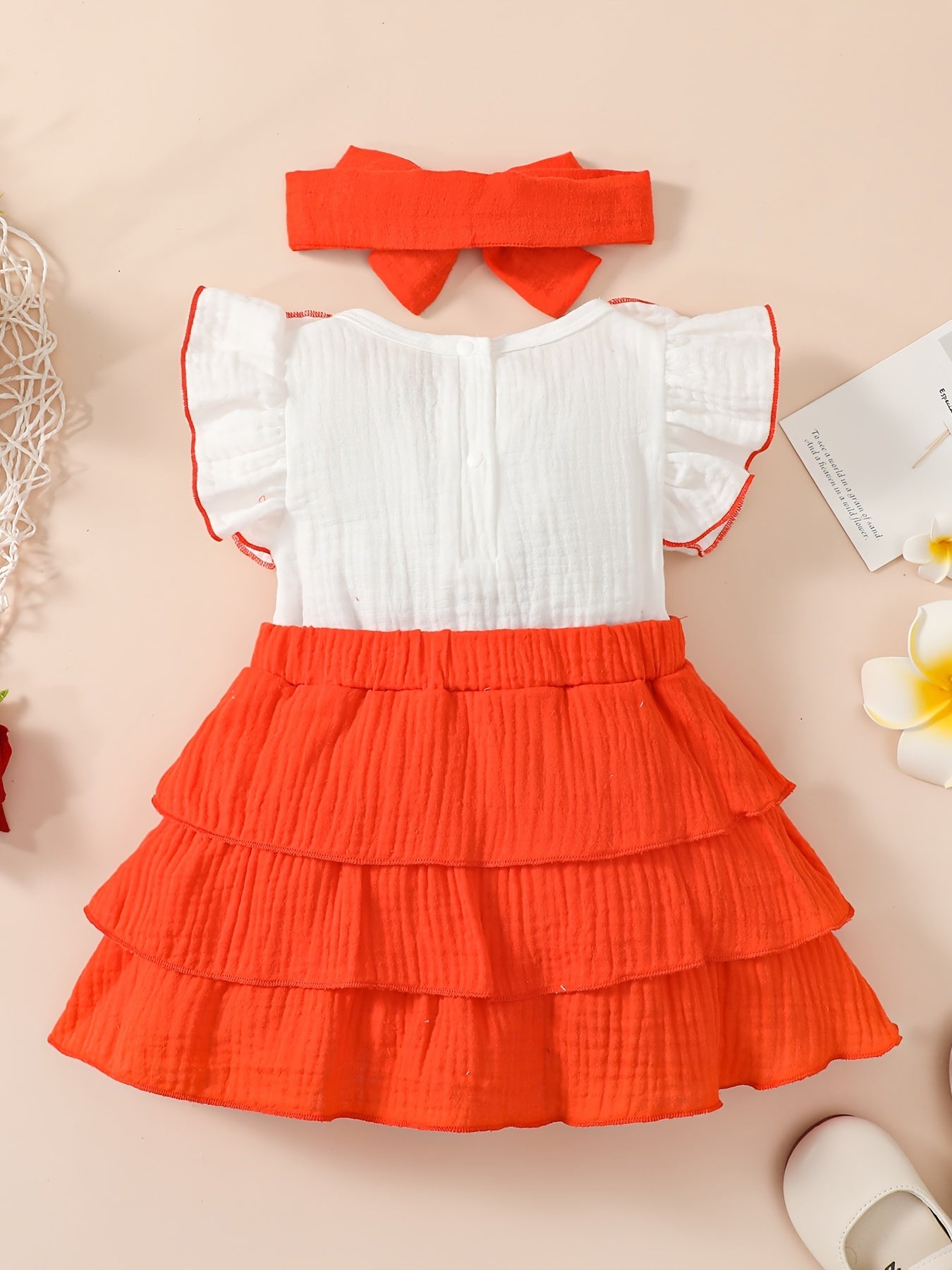 2pcs Baby Girls Bowknot Ruffle Sleeve Dress & Headband Set