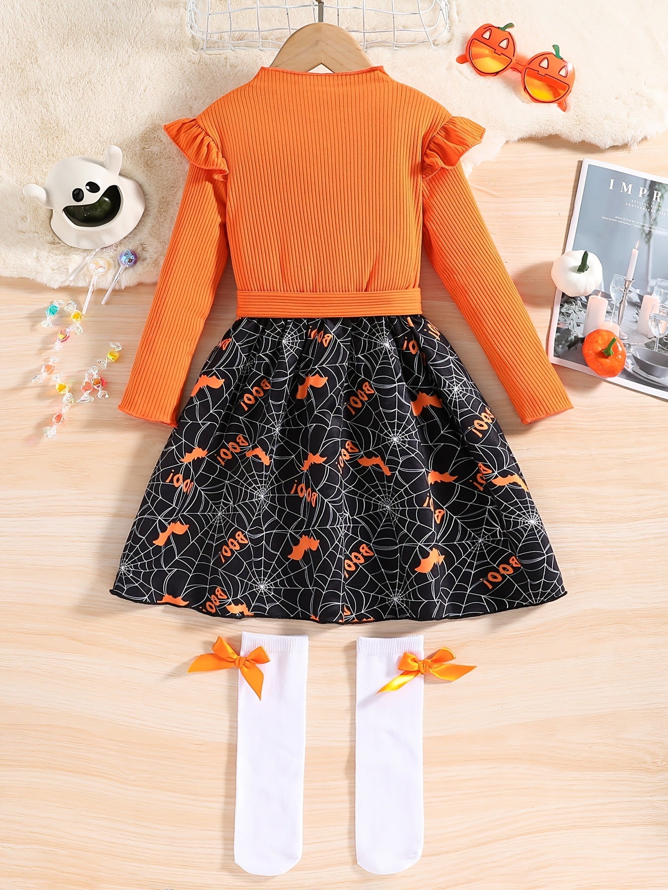 Girls' Halloween Pumpkin Print Princess Dress