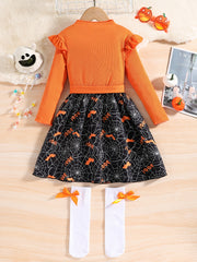 Girls' Halloween Pumpkin Print Princess Dress
